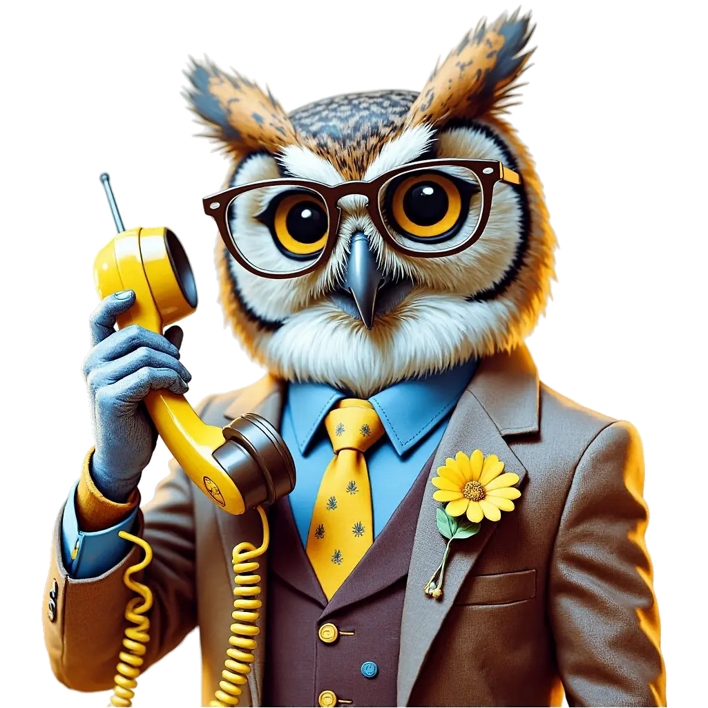 Professional owl character with glasses and suit holding a phone